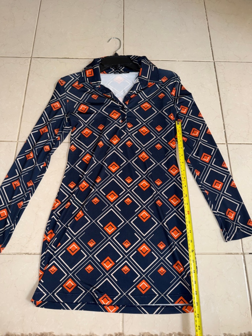 ZARA Navy Geometric Print Long-Sleeve Dress - Orange Accent